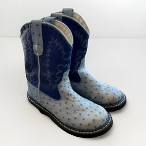Old West Kids Roper Cowboy Boots Blue Ostrich Print Leather Size 10 Western